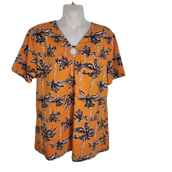 Denim & Co Women Top Medium Printed Jersey V Neck Short Sleeve Palm Tree A379753 - Picture 1 of 10